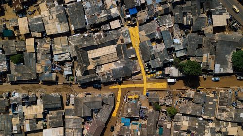 High angle view of street amidst buildings in city