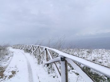 Snow covered railing against sky