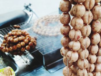 High angle view of sausages in container
