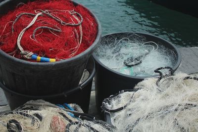 High angle view of fishing net on table