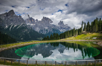 Beautiful view of alpine lake near san martino di castrozza, italian alps