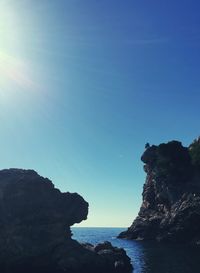 Rock formations by sea against clear blue sky