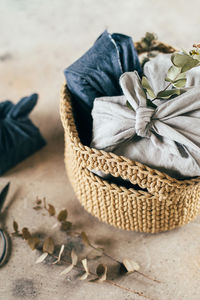 High angle view of bread in basket on table