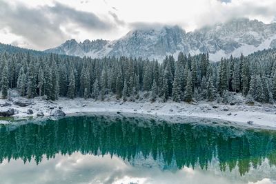 Scenic view of lake and mountains against sky