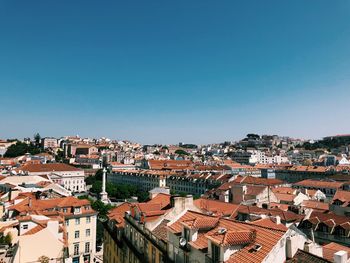 Townscape against clear blue sky