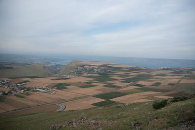 High angle view of agricultural field against sky