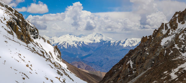 Panoramic view of snowcapped mountains against sky