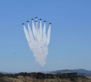 Low angle view of airshow against sky