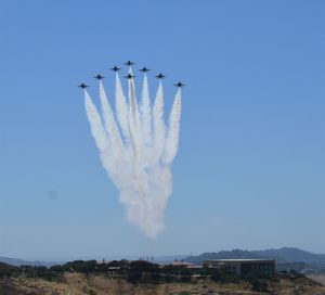  low angle view of thunderbirds flying over ronald reagan library located in simi valley california 