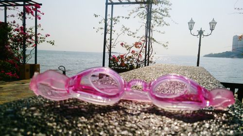 Close-up of pink water on beach against sky