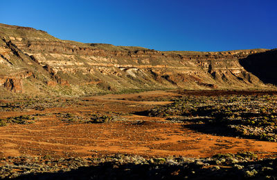 Scenic view of rocky mountain at el teide national park against clear blue sky