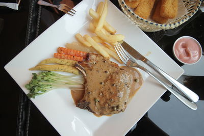 High angle view of food served on table