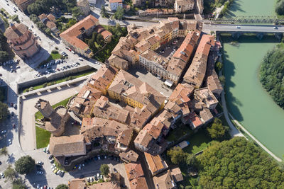 Aerial view of the historic center of the village of umbertide with the tiber river