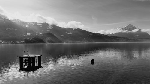 Scenic view of lake and mountains against sky