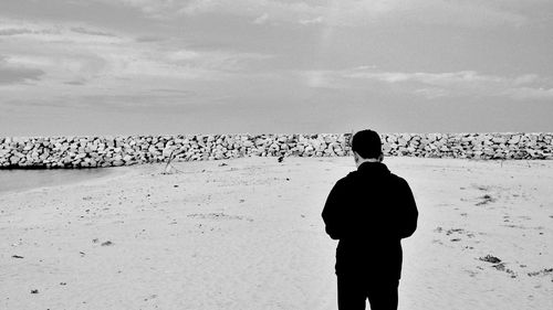 Rear view of man standing at beach against sky