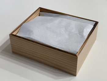 High angle view of empty box against white background