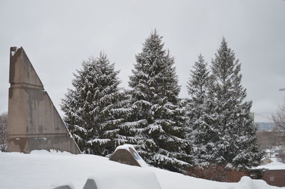 Snow covered building terrace and trees against sky