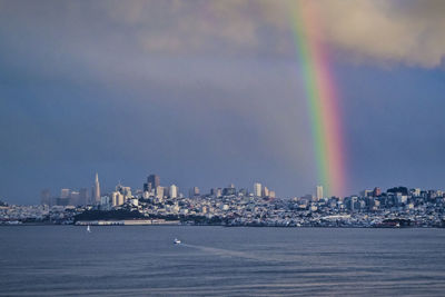 Rainbow crashing over the san francisco skyline