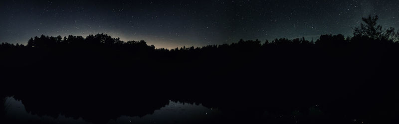 Silhouette trees by lake against sky at night