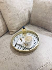 High angle view of coffee cup on table