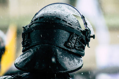 Close-up of helmet in rainy season