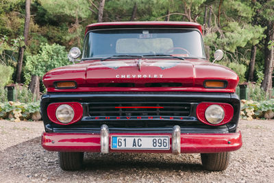 Red vintage car against trees