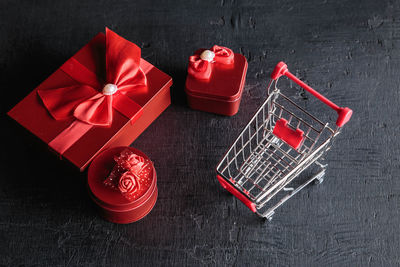 High angle view of red box on table