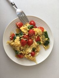 High angle view of breakfast on table