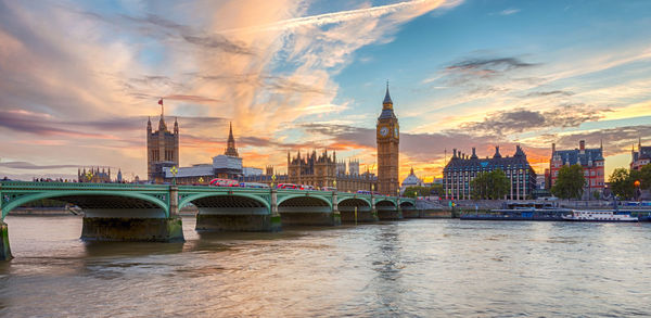 View of bridge over river in city