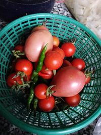 High angle view of tomatoes in basket