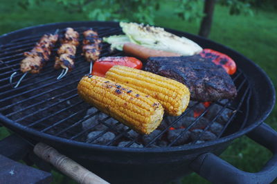 Close-up of food grilling on barbecue in back yard