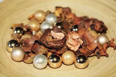 High angle view of shells on table