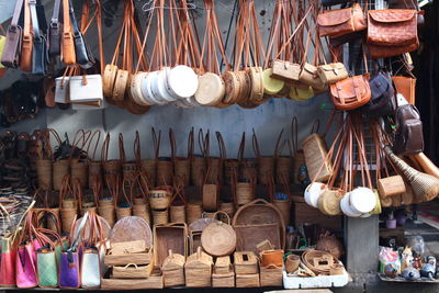 Close-up of bags for sale at market stall