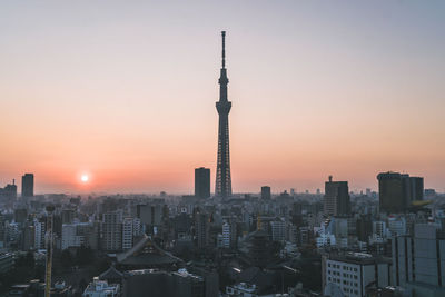 View of buildings in city during sunset