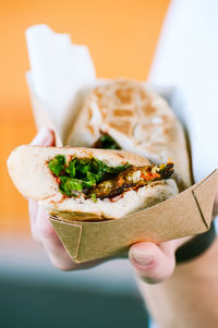 Cropped person's hand holding freshly prepared sandwiches in a paper box.