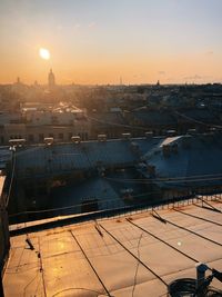 High angle view of cityscape against sky during sunset