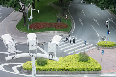 High angle view of people on road