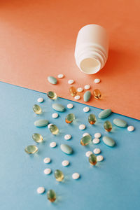 High angle view of bottles on table