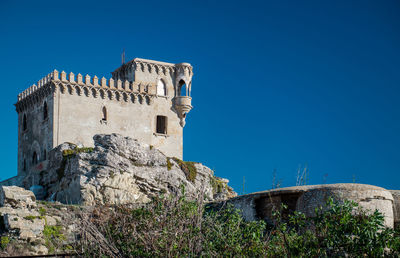 Low angle view of old ruin against clear blue sky