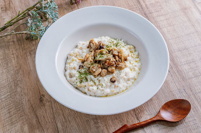 High angle view of food in bowl on table