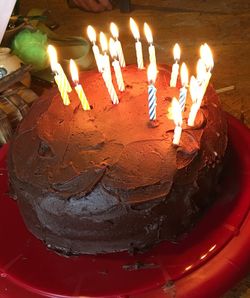 High angle view of candles on cake