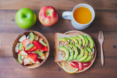 High angle view of breakfast on table