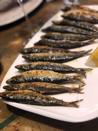 High angle view of fish in plate on table