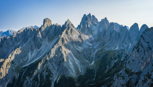 Panoramic view of snowcapped mountains against clear sky