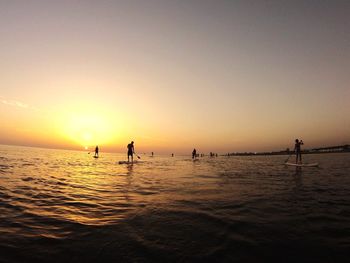 Silhouette people paddleboarding in sea against sky
