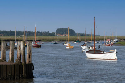 Sailboats moored in marina