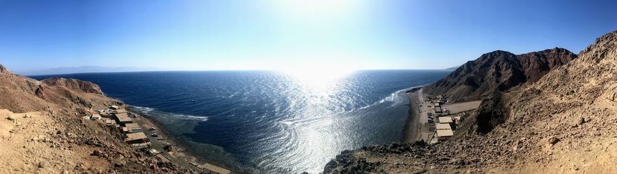 High angle view of sea against clear blue sky