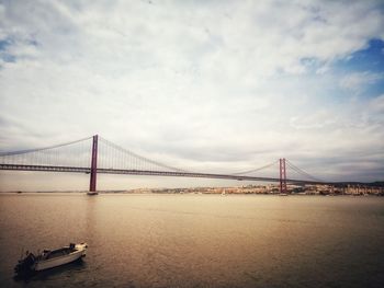 View of suspension bridge against cloudy sky