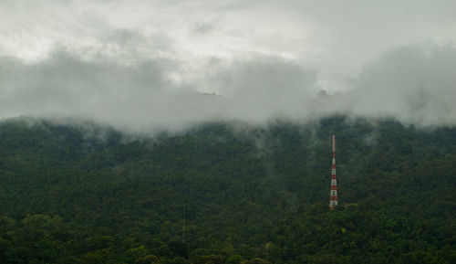 Scenic view of trees and mountains against sky