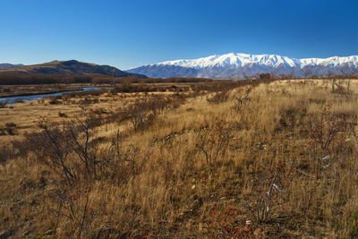 Scenic view of field and mountains against blue sky